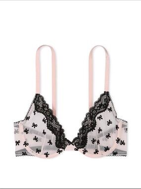 Victorias Secret Tease Lace-Trim Unlined Demi Bra Bow Print Lace Trim